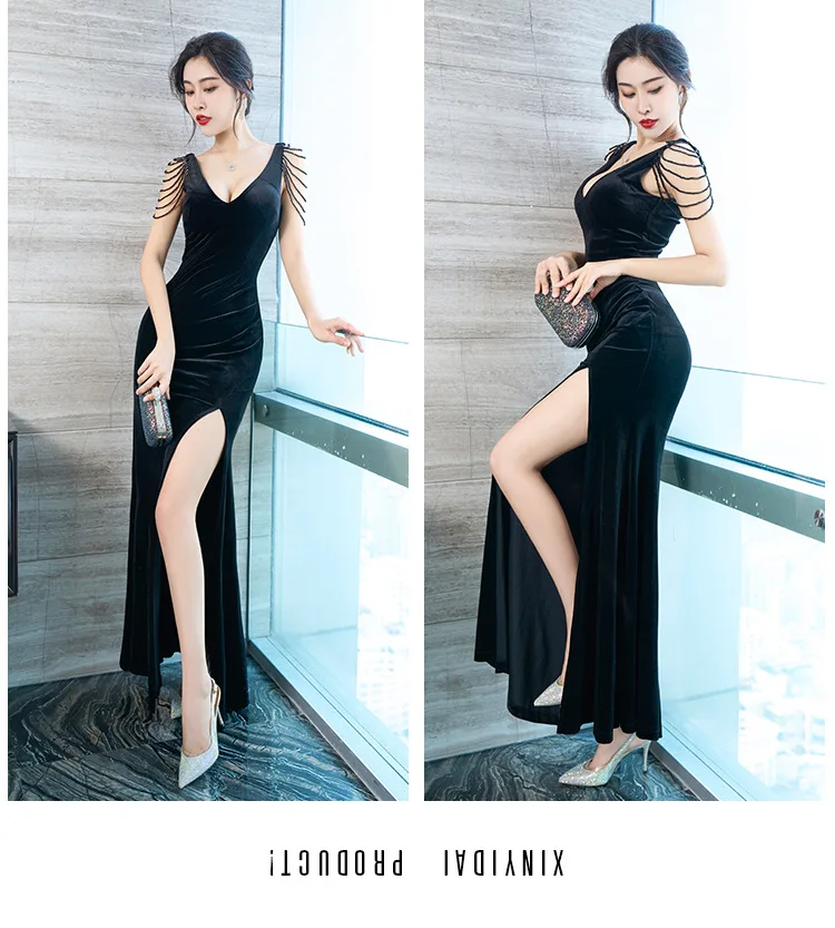 Women Maxi Trumpet Ball Gown Eye-Catching Formal Party Long Evening Dresses Sexy V Neck Modest Evening Gowns with Tassels