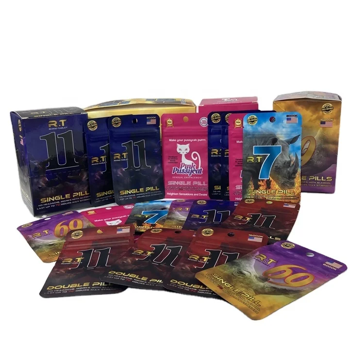 Wholesale Custom Supermarket Retail Rhino Pills Capsules Male Enhancement Matte Foil Pouch Bag And Display Box Counter Top