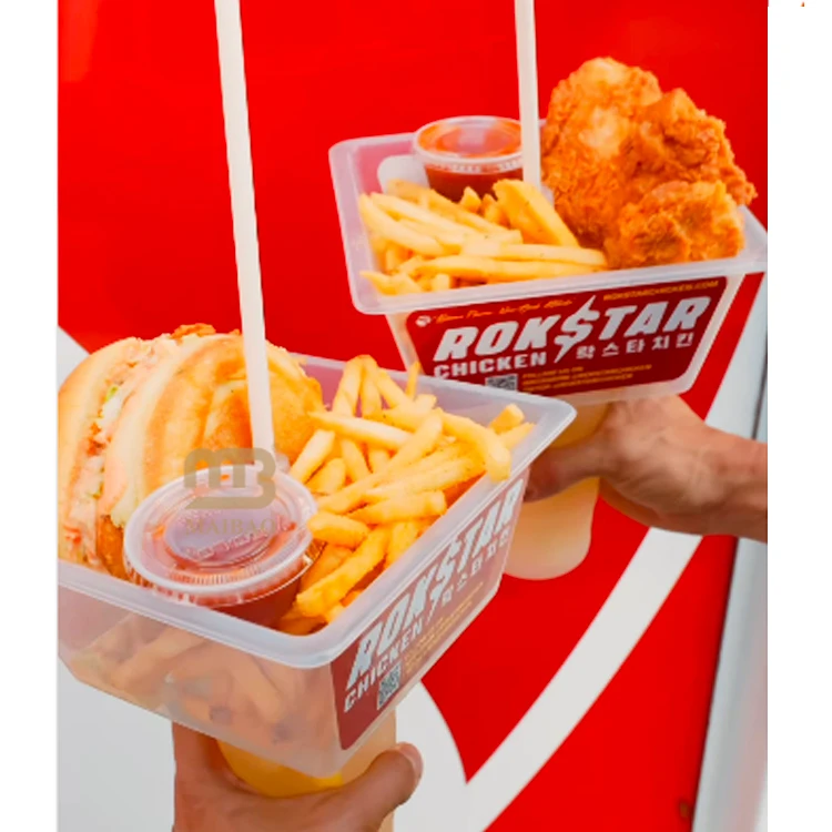 Custom Food Package Takeout PP PET Snack And Drink Cup Plastic Freyo Tower Tray Disposable Bubble Tea Drink Cup With Snack Bowl