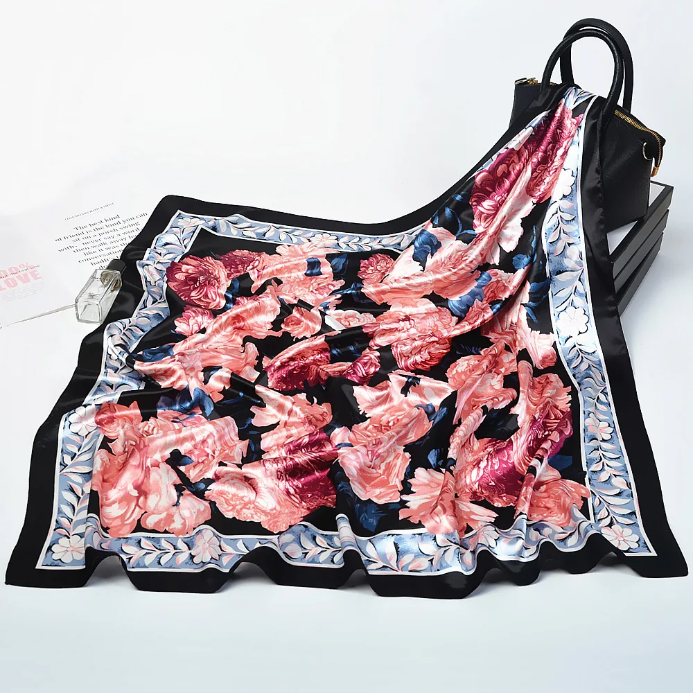 Модные шарфы для женщин, шаль, Шелковый Атласный хиджаб с цветочным принтом, Женская бандана, роскошный брендовый дизайн, квадратные мусульманские шарфы 90 см