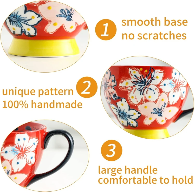 National Style Portable Food Grade Large Capacity Oatmeal Milk Breakfast Cup Reusable Hand-Painted Flower Ceramic Coffee Cup Mug