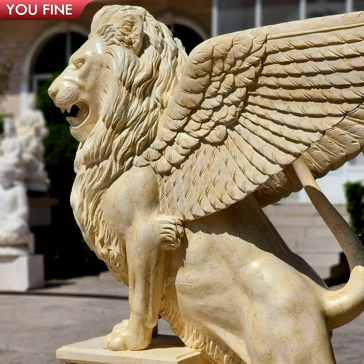 Outdoor Decor Beige Natural Marble Lion Wings Sculpture