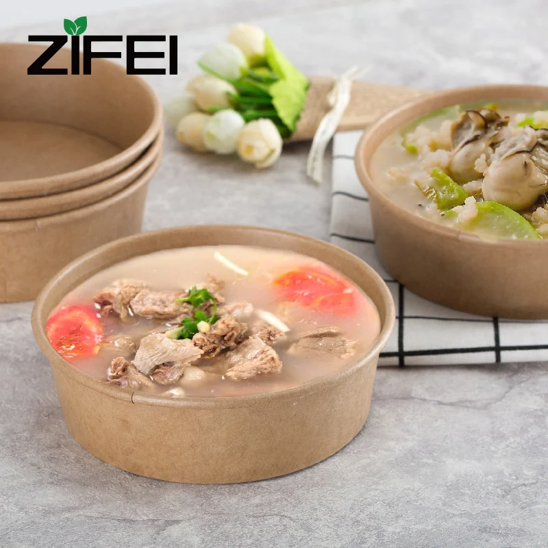 
Food grade Biodegradable Packaging Disposable Soup Kraft Paper Bowl with lid for rice ,noddle and soup bowl 