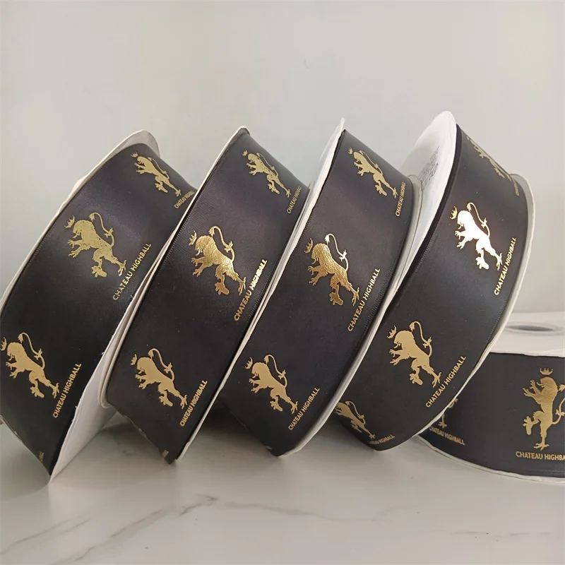 Luxurious Luokai own brand name printed raised gold foil printing white satin ribbon with logo