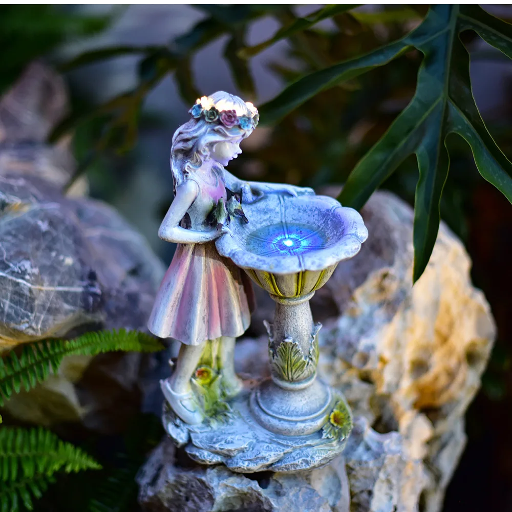 HOT SELLING RESIN SOLAR LED LIGHT CUTE FLOWER SMALL STANDING BABY GIRL ANGEL GARDEN DECORATIVE FIGURINE SCULPTURE HOLIDAY GIFT