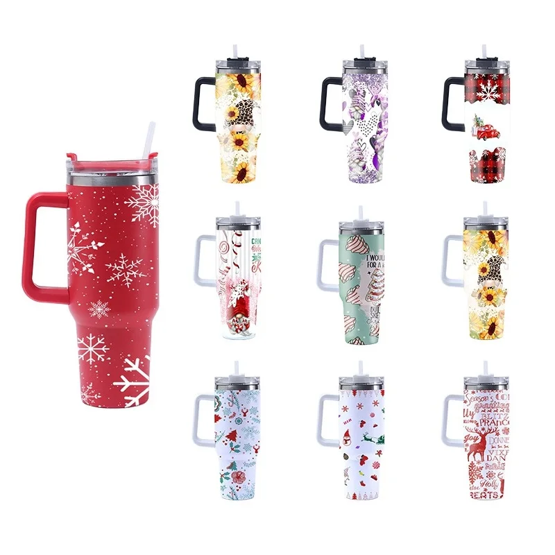 40oz Christmas Handle Ice Bar Thermos Cup 304 Car cup Thermal Stainless Steel Vacuum Tumbler with Lid and Straw Water flask