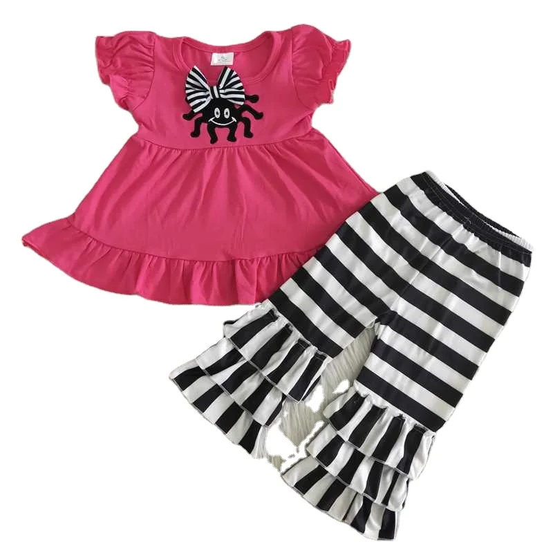 New Toddler Girls Rose Red Top Spider Pattern with Bow Knot Top Stripe Pants Lovely Sweet Clothes