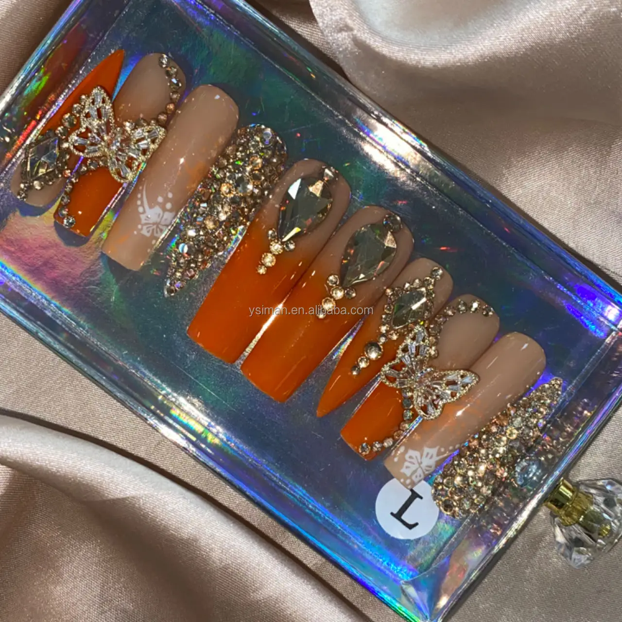 Luxury Bling Pink High Quality Bulk False 3d Acrylic Design Wholesale Custom Press On Nails With Rhinestones And Box