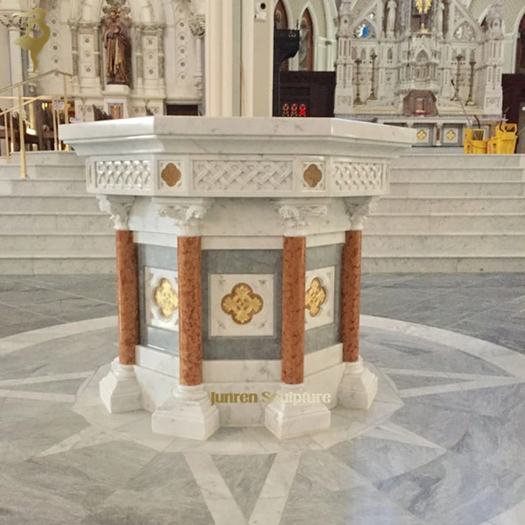 Hand Carved Religious Holy Cross Natural Stone Baptistery Marble Baptismal Font Catholic