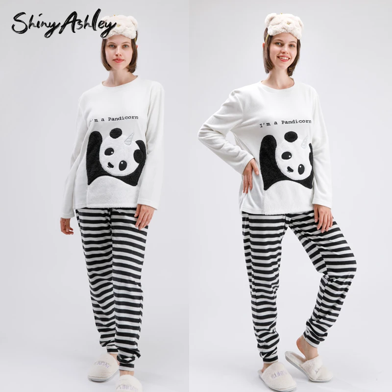 shiny ashley warm 100% polyester Flanneel fleece sleep set cute panda winter women thermal pajama sets