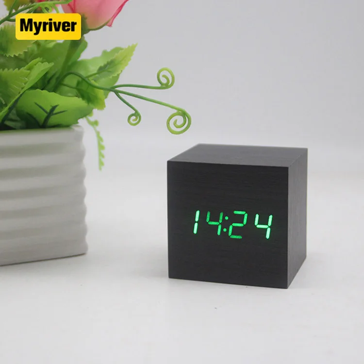 Myriver Wood Digital Alarm Clock Led Time Display Cube Clocks With Usb For Bedroom Desk Office Desk Decoration