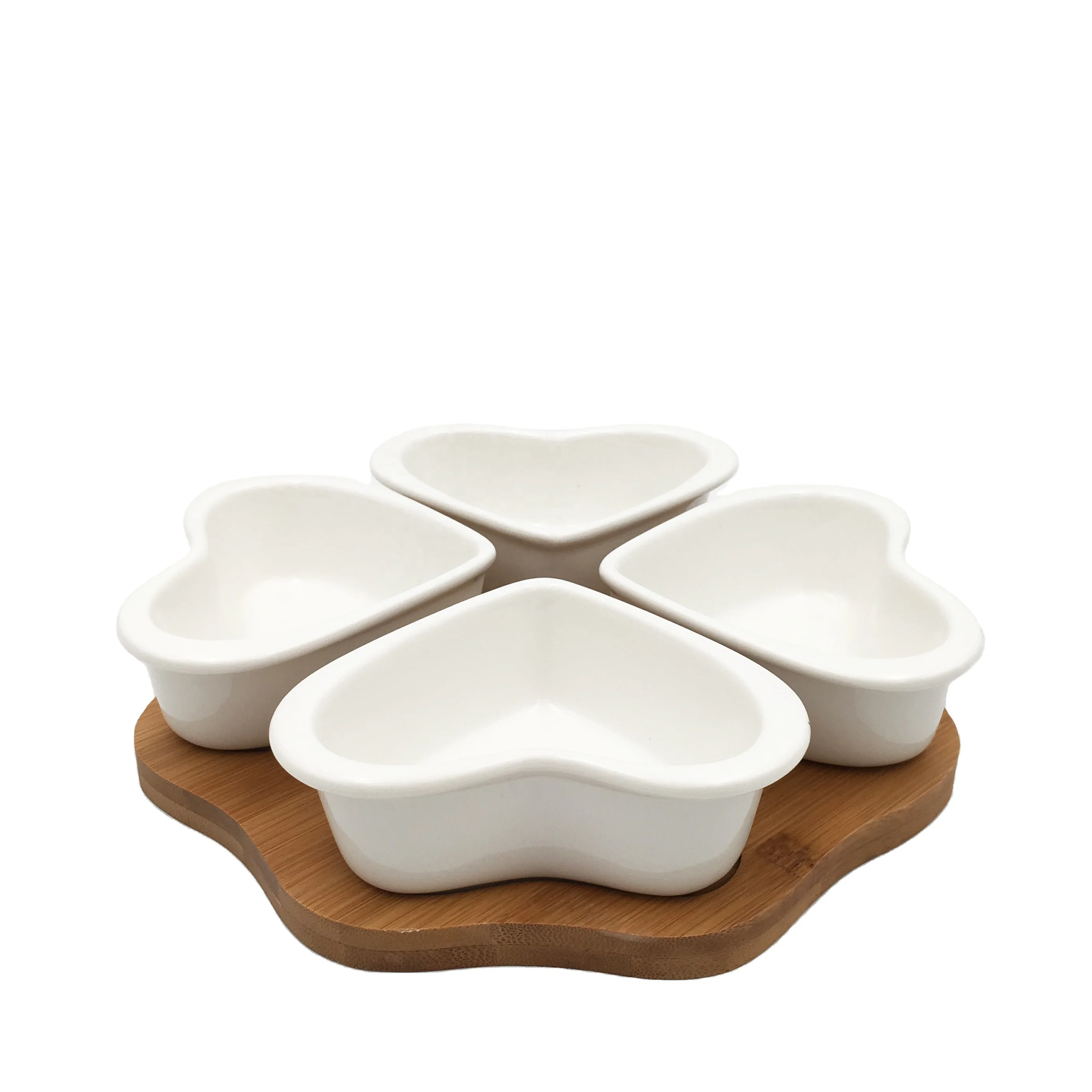 Custom white heart shaped ceramic snack serving bowl dish with logo and tray