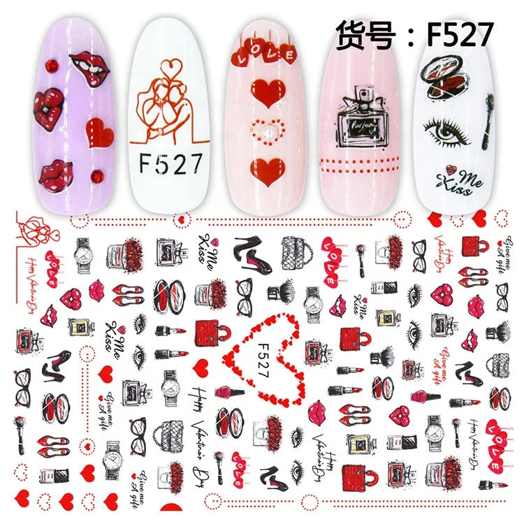 Hot Sale Manicure Nail Romantic Valentines Decals Sexy Lips Lover Flower Heart Nail Art Decoration Stickers