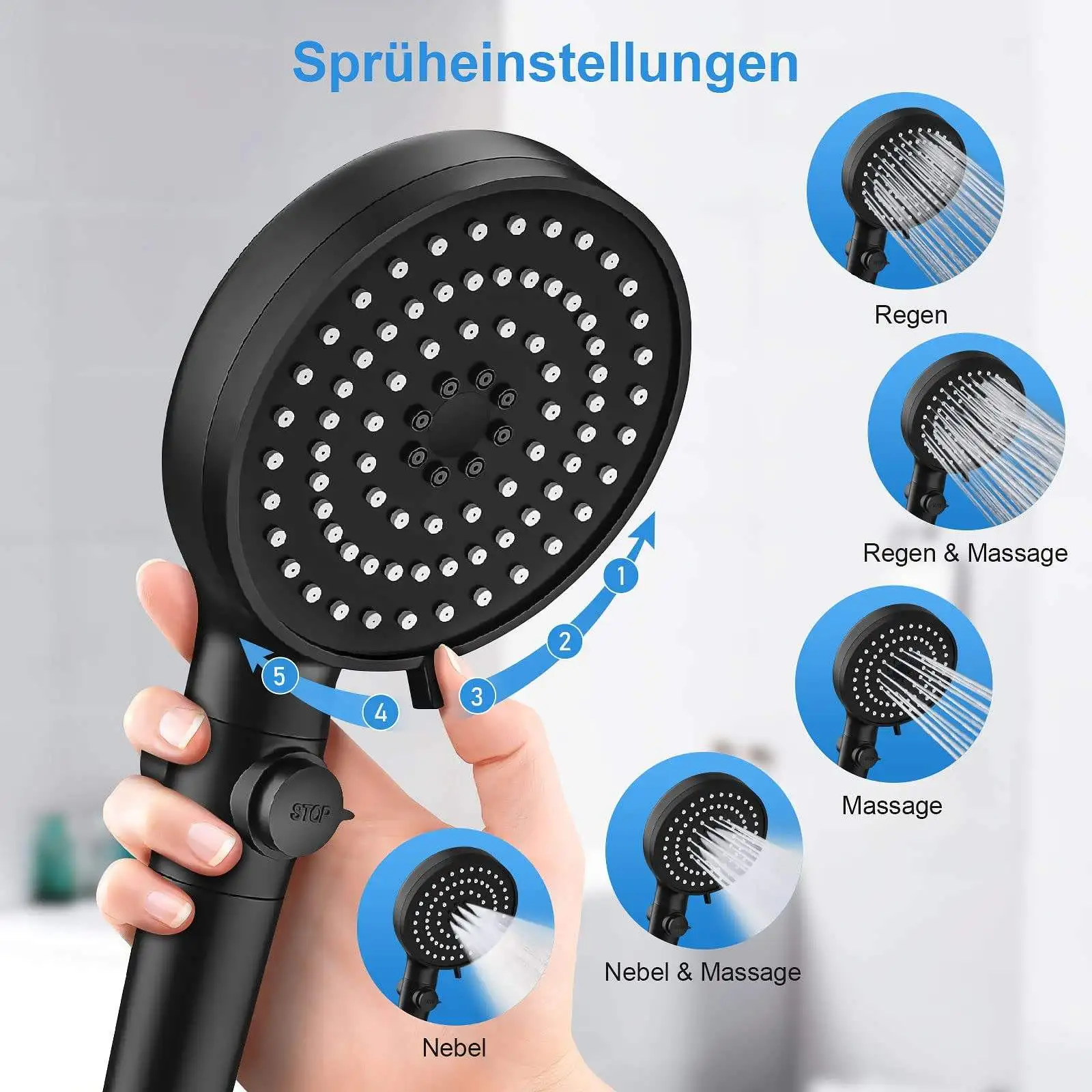 5 Function High Pressure Shower Head Handheld Bathroom Spray Shower Head With Filter