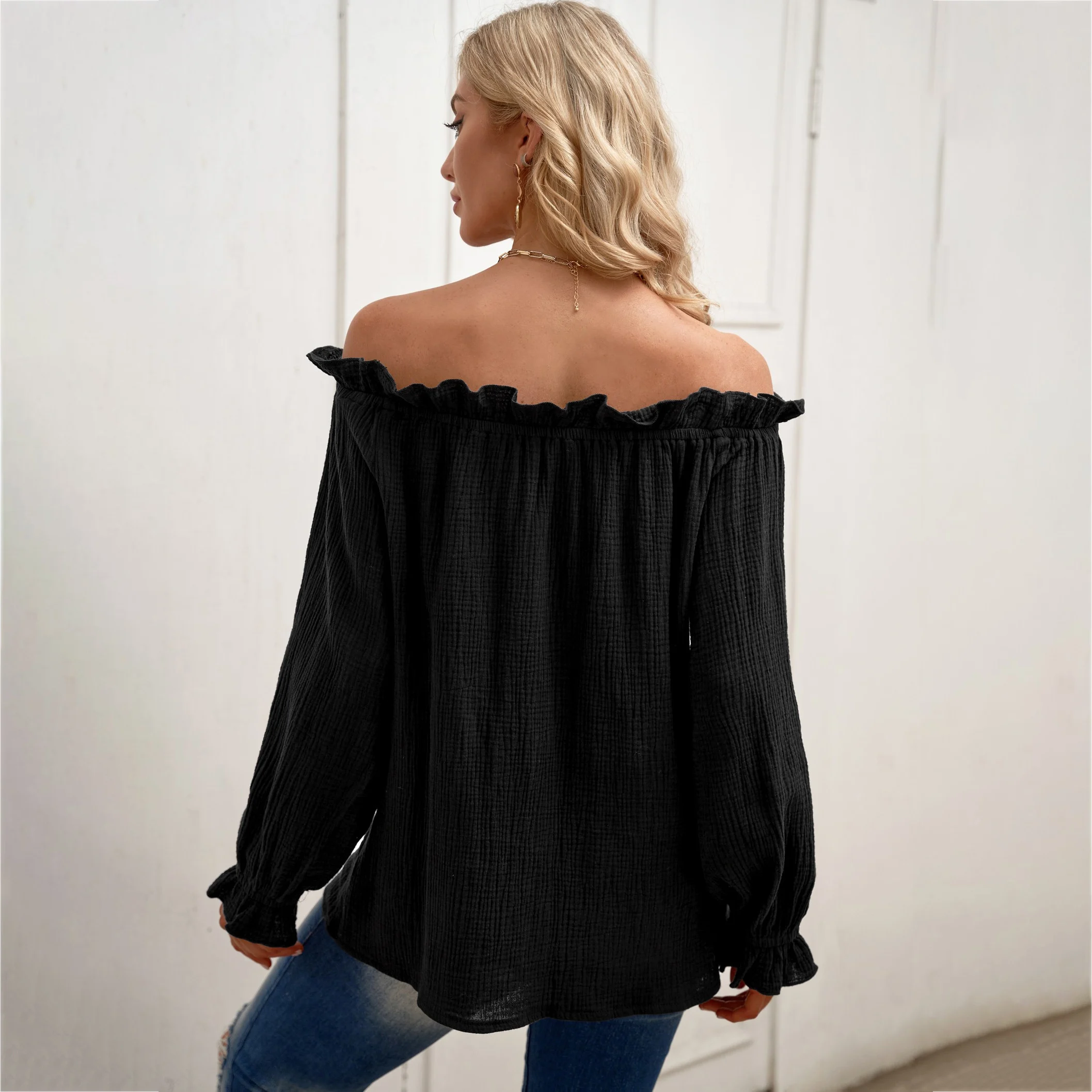 Private Label High Quality Long Sleeve Female Black Off Shoulder Designer Ladies Tops Blouses Elegant Women
