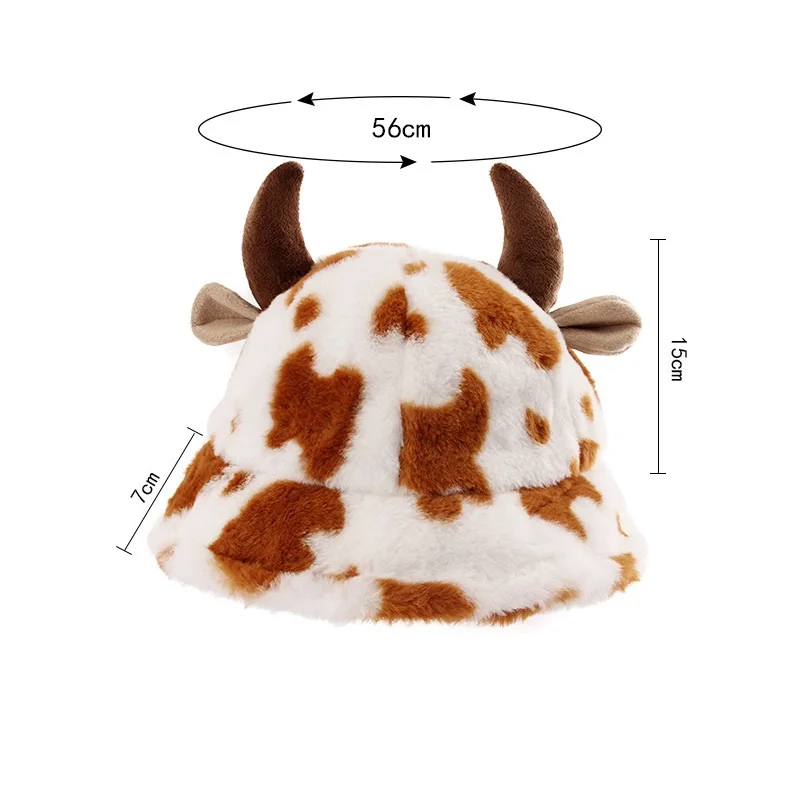 Fashion Animal Horn Cute Women Girls Winter Cow pattern print fishman hat Plush Fuzzy Cow Fluffy Bucket Hat Fur