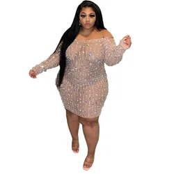 D12334 2021 Autumn mesh hot drilling elegant casual bodycon  see-through night club plus size dresses for women clothing