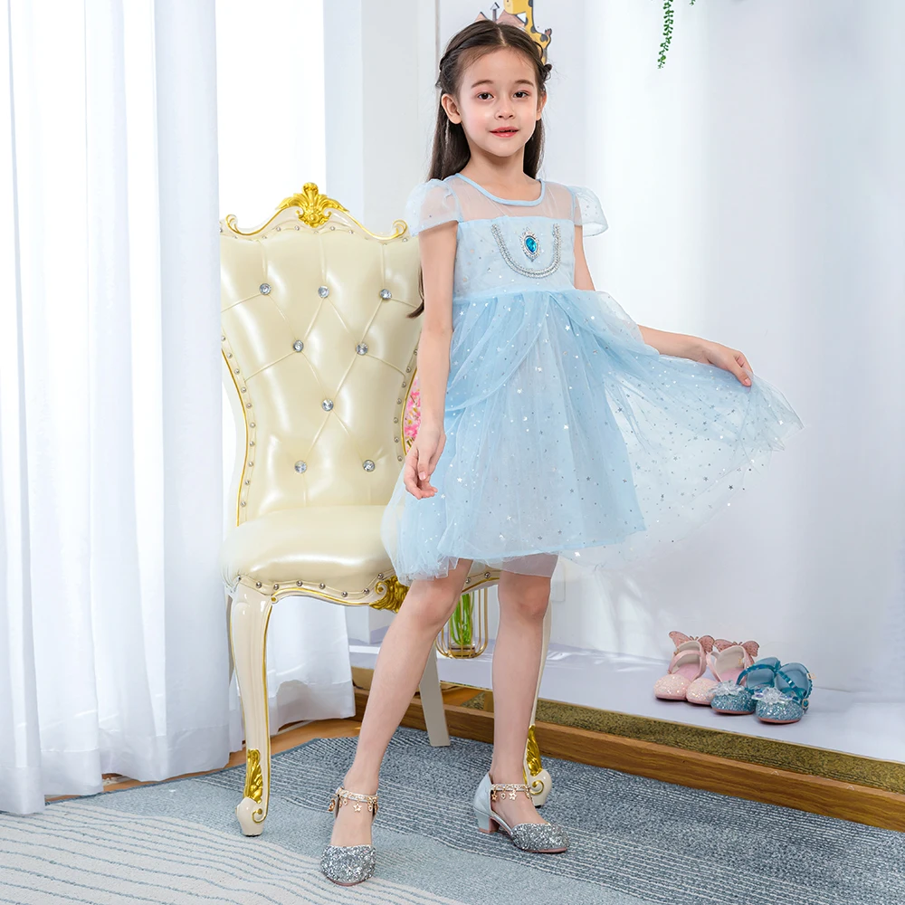 MQATZ Princess Anna Girls Costume Queen Elsa Star Ice Crystals Party Gown Cosplay Dresses for Girls BX1723