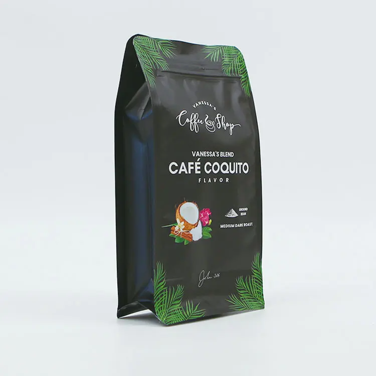 Digital print Custom Printed cafe coconut Coffee Bean Packaging Recyclable flat Square Bottom Box Pouch 200g 500g 1kg Coffee Bag