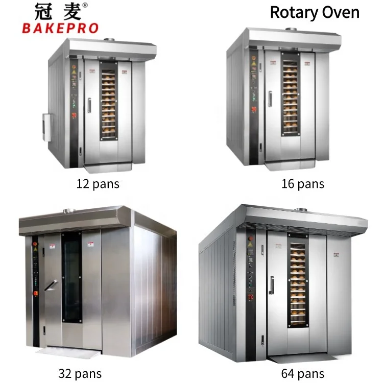 BAKEPRO 12 trays Diesel rotary oven baguette baking machine with steam for bakery gas rotary rack oven with single trolley