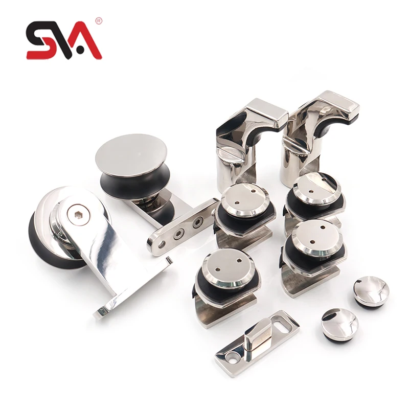 Modern Bathroom Shower Polished Satin Stainless Steel Material Wooden Frameless Sliding Door Hardware System Fitting