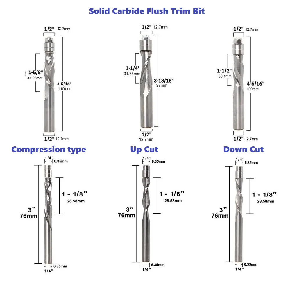 Flush Trim Router Bit Upcut Downcut 12 Shank Compression Cutter Solid Carbide Spiral CNC Router Trimmer Bits With Blue Coating