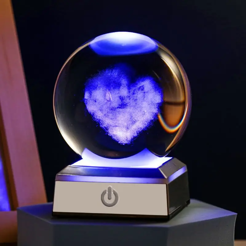 MH-Q0202 3D Laser Engraved K9 Crystal Ball 6cm 8cm LED Light-Up Milky Way Glass with Multi Color Led Base