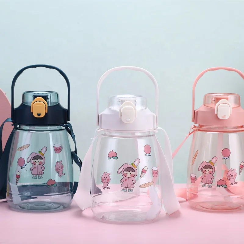 Cute large capacity plastic cup with straw potbelly summer Internet celebrity portable sports water bottle