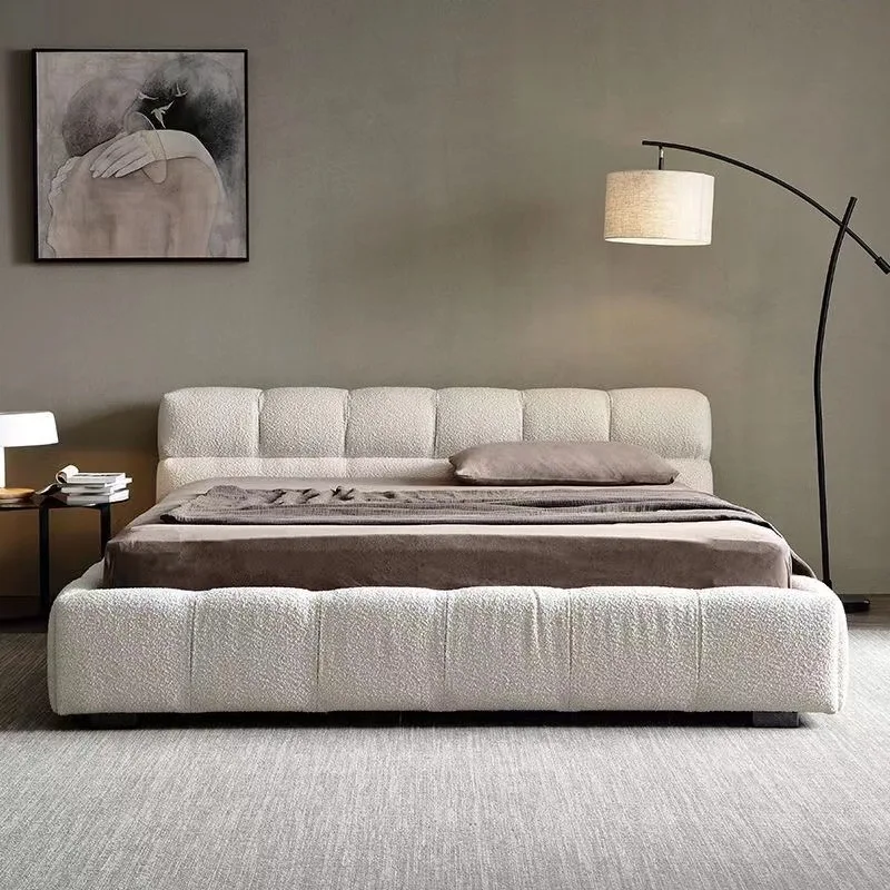 Modern Italian Minimalist Style Lambswool Fabric Designer Master Bedroom Puff Bed  for Sale