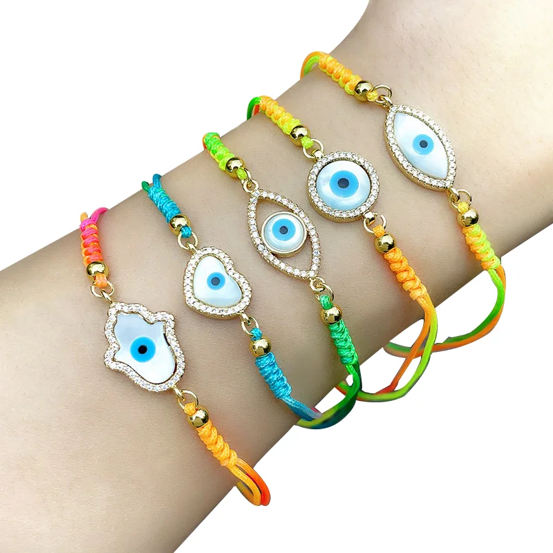 Регулируемые золотые медные бусины и белый корпус сглаза сплетенные браслеты для детей взрослых подарок из радужной веревки