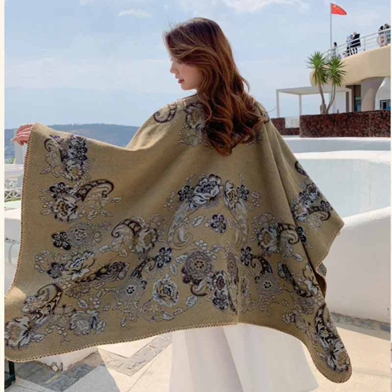 Large cashmere double side shawl geometric jacquard printed pocket thermal soft trim hood cape