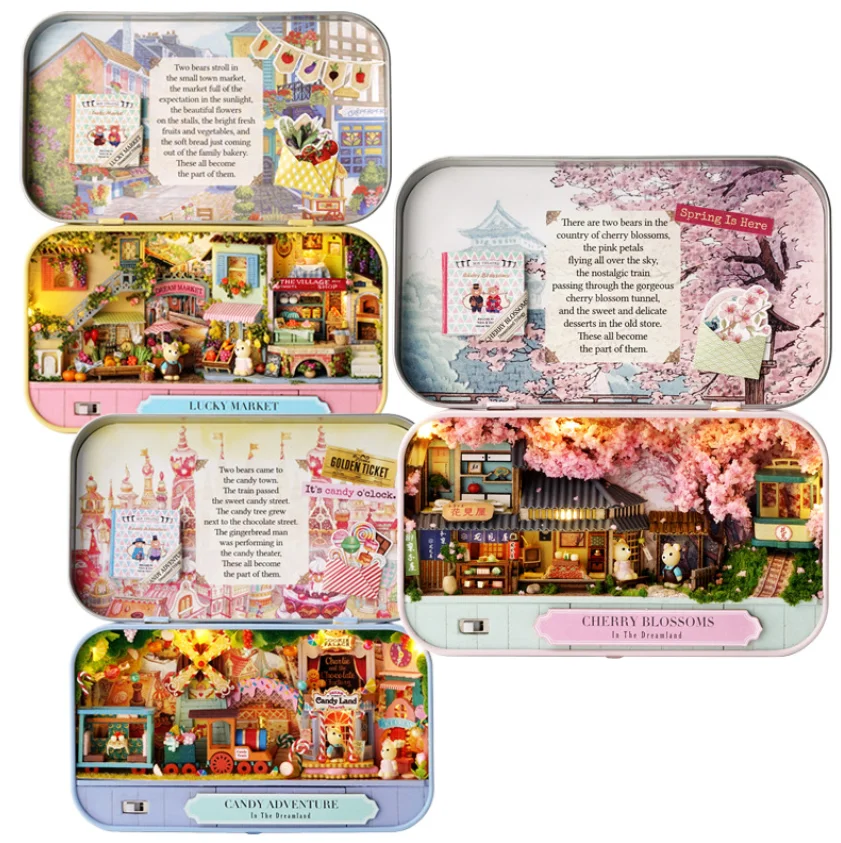 New DIY Box Theatre Miniature Furniture Kit Cherry Blossom Doll House with Rabbit Toys for Girls Birthday Gifts