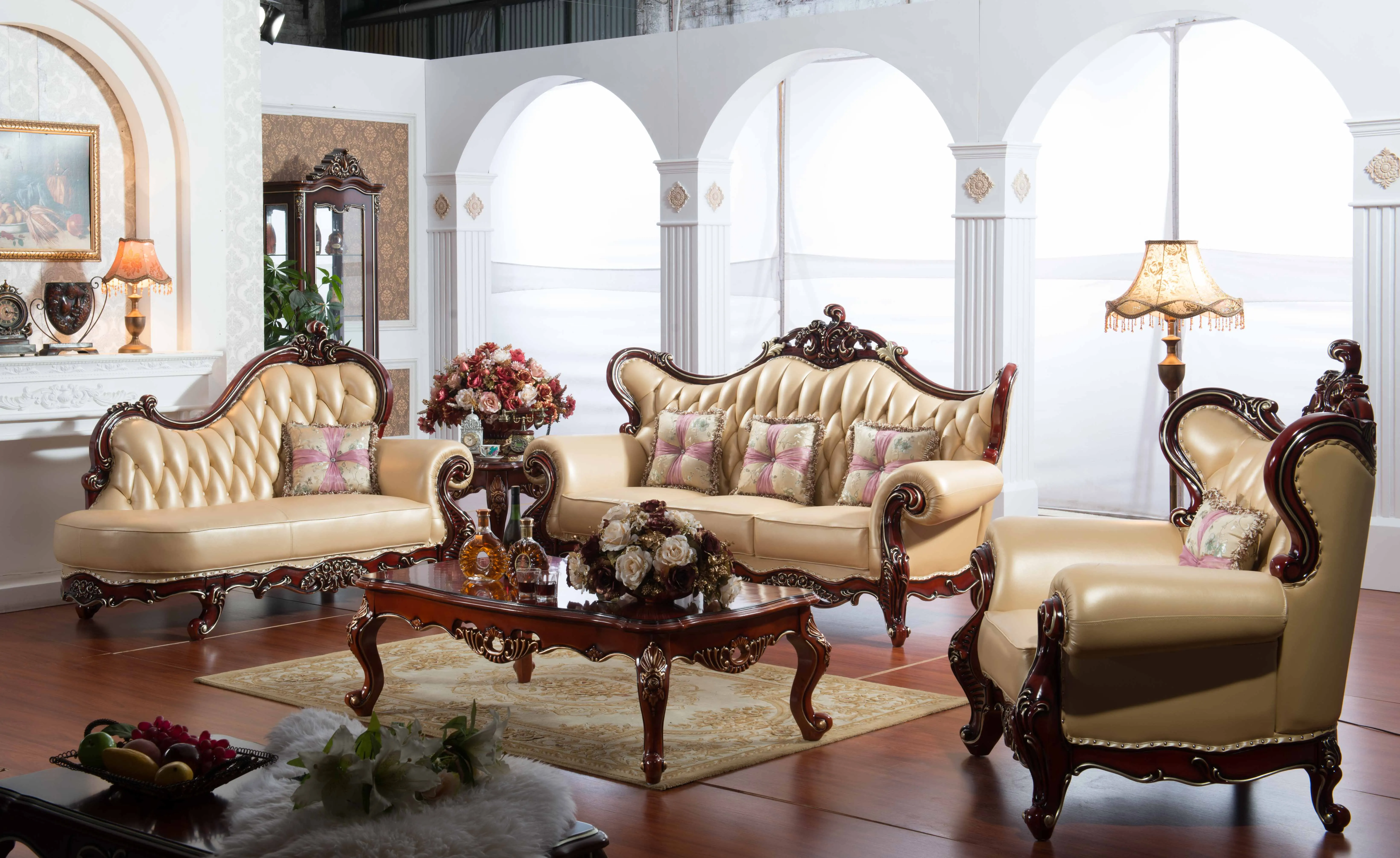 brown color solid oak wood European luxury cowhide leather sectional sofa, living room sofas