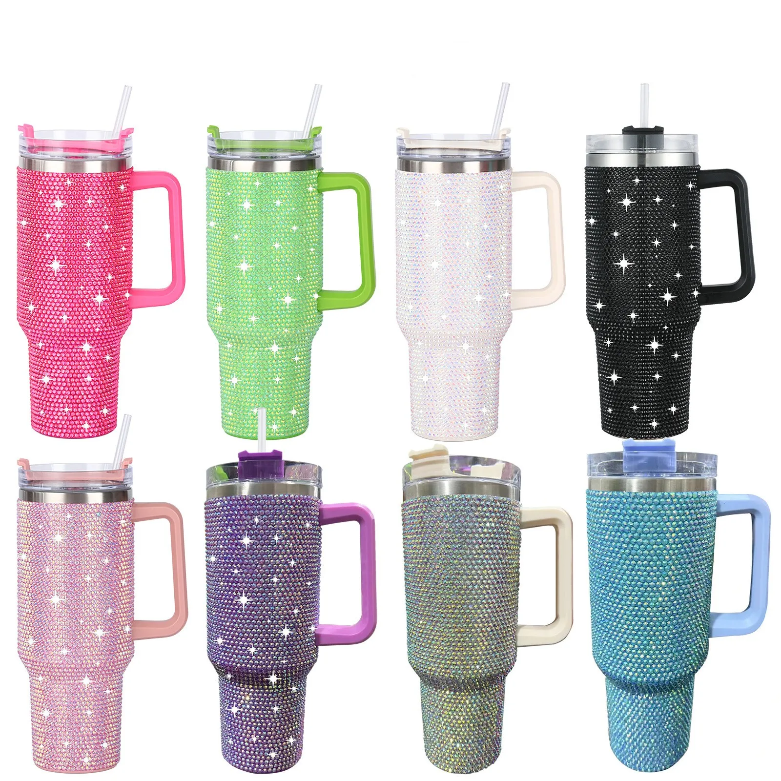 2024 Glitter 40oz Rhinestone Bling Diamond Tumbler With Handle Vacuum Insulated Stainless Steel Bottle Cup With Lid And Straw