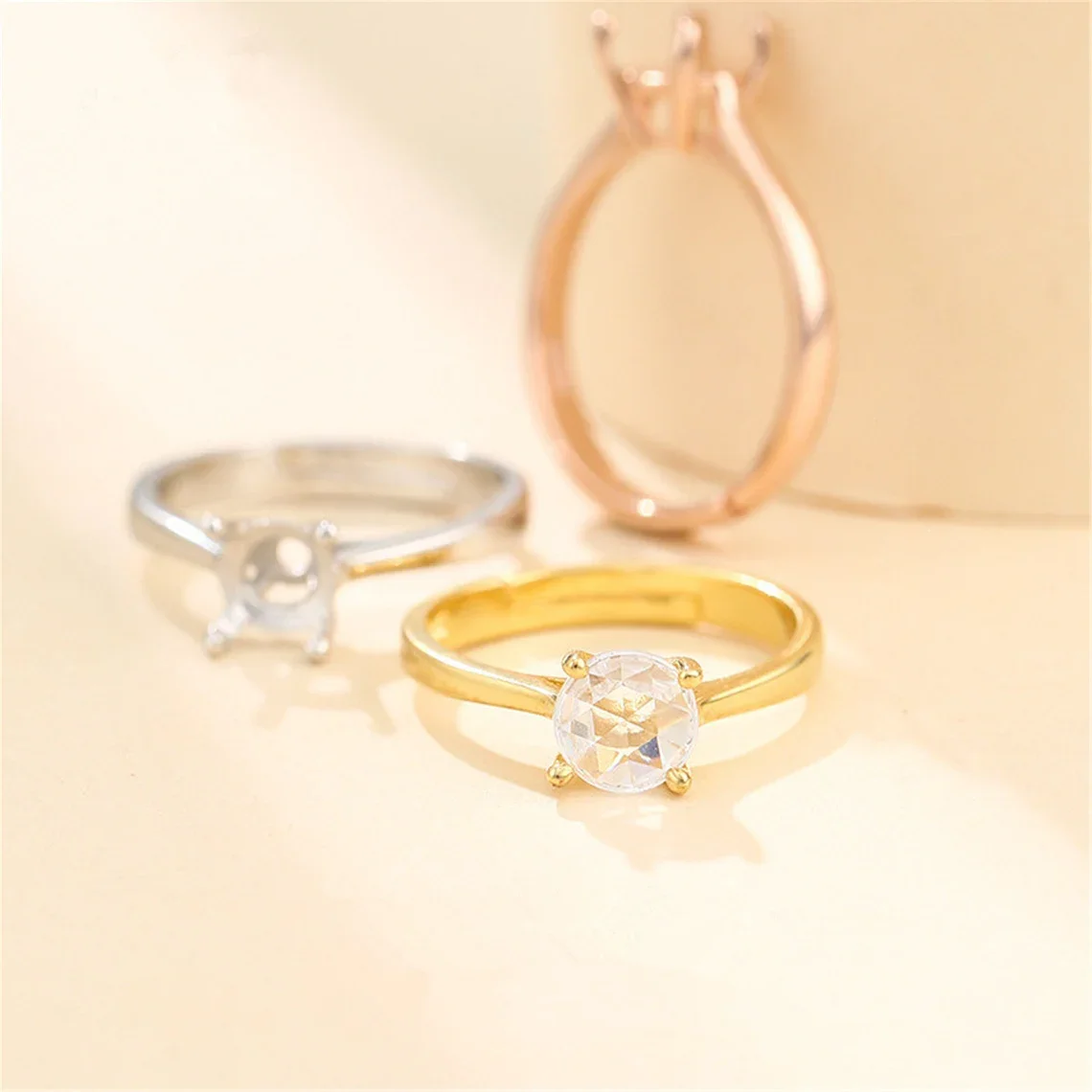 4.5-7.5mm Round Faceted Gemstones Ring Base Setting Ring Mount for Gold Plated 925 Silver Adjustable Ring