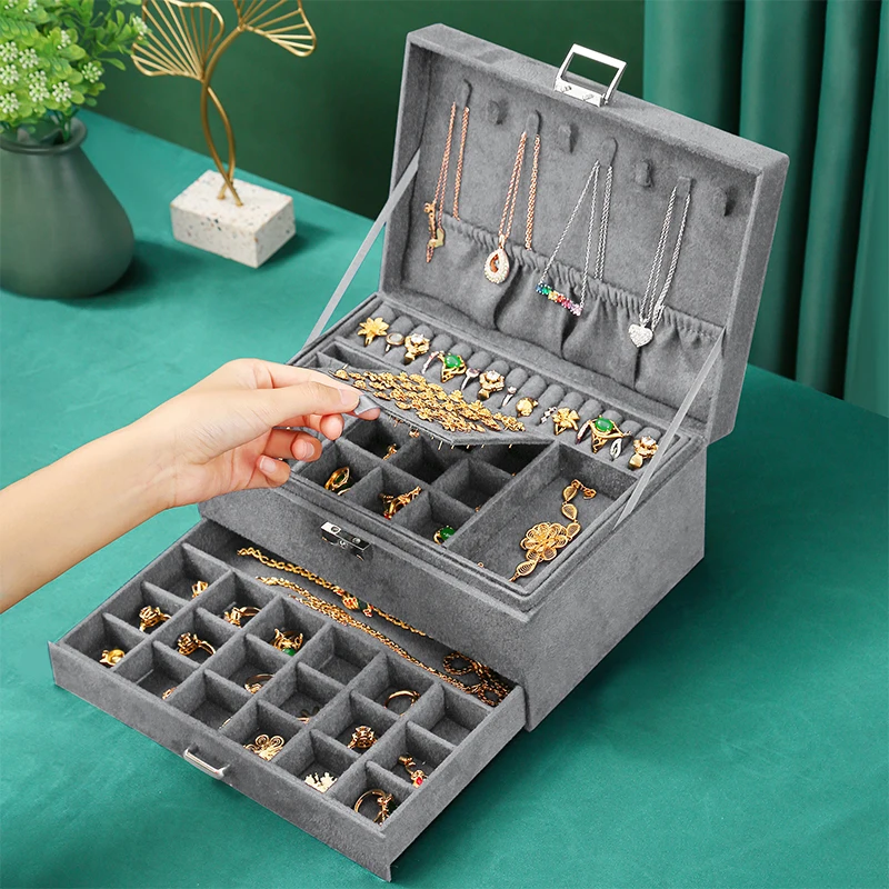 New Grey 3-Layer Flannel Jewelry Organizer Box Necklaces Earrings Rings Large Capacity With Lock Display Holder Case Women
