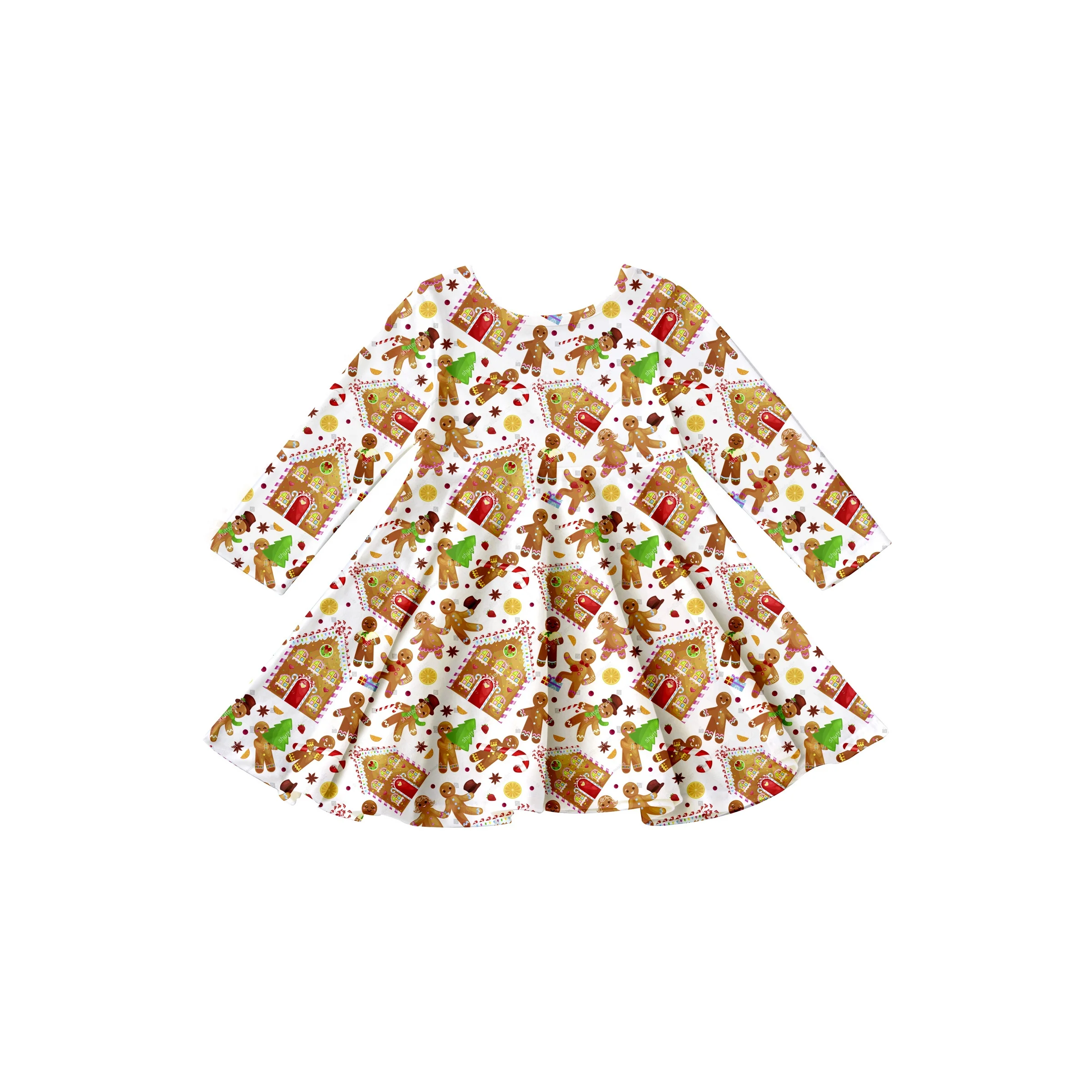 GIrlymax 2022 Christmas Gingerbread Truck Trees Twirl Long Sleeve Knee Length Dresses