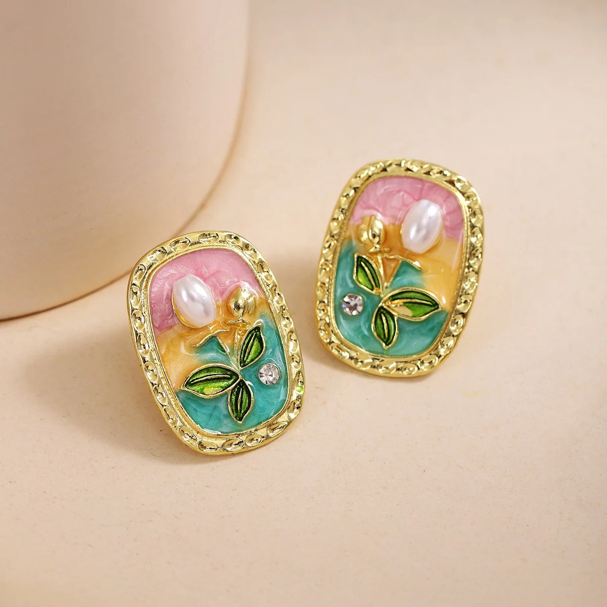 925 silver needle summer oil painting oval drop flower earrings ladies retro Pearl earrings
