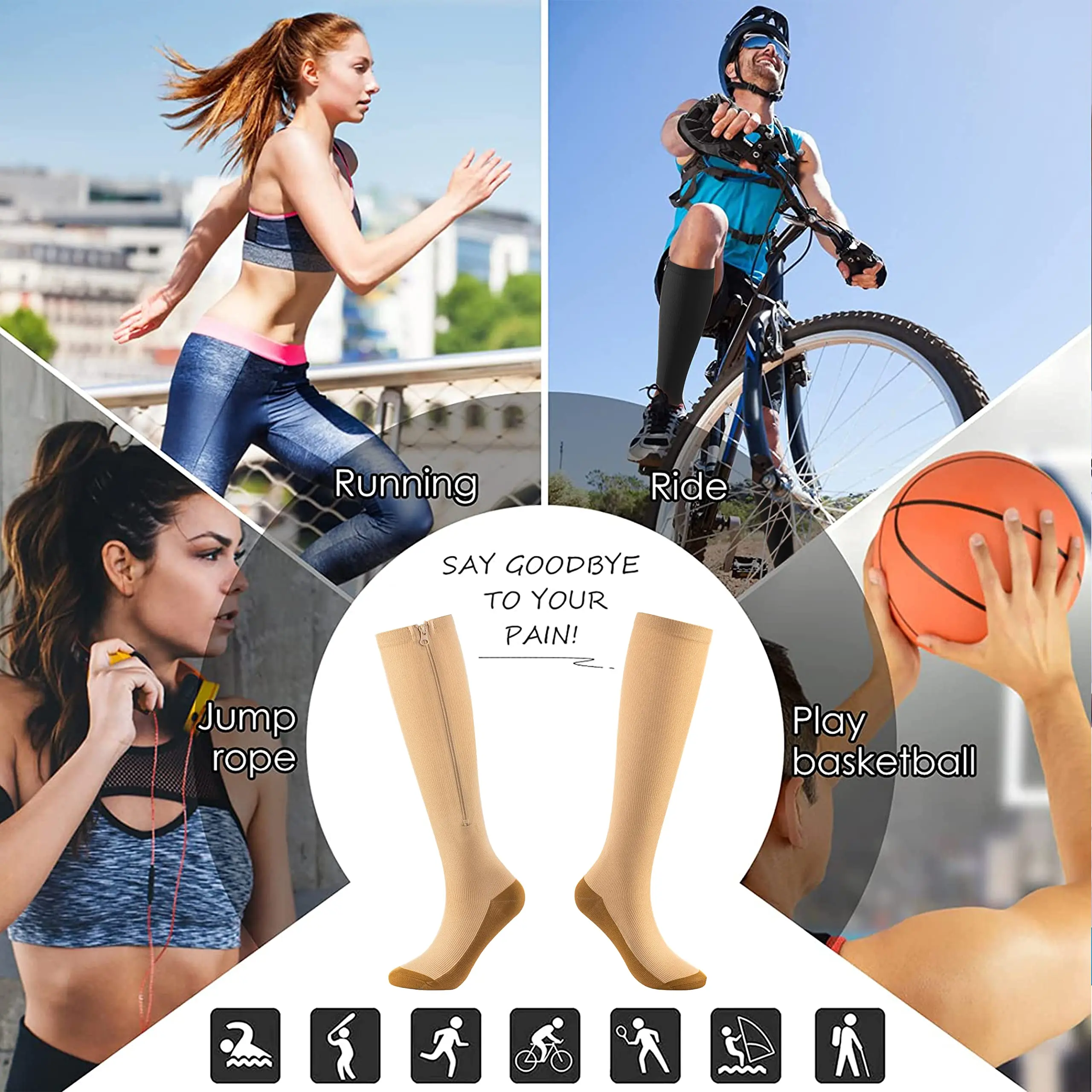 Anti slip 20-30 mmgh Close toe over the knee silicone gel custom logo compression nurse medical socks with zipper