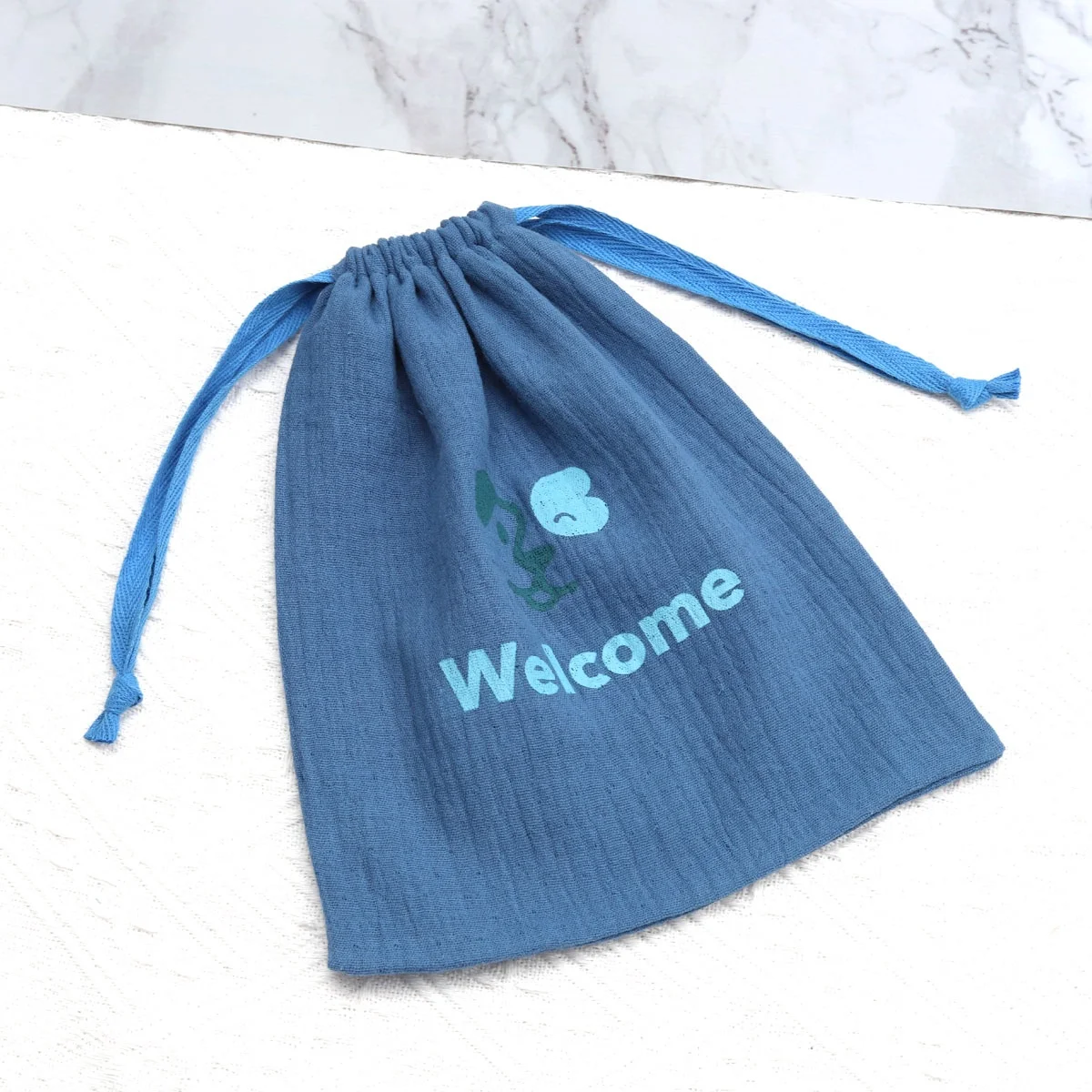Hot Sale Blue Gauze Cotton Packaging Bag For Baby Clothing Custom Logo Printed Soft Gauze Cotton Dust Drawstring Pouch