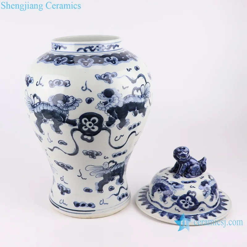 RZKY42 Antique Design Blue and White Porcelain Lion Ceramic General Pot Temple Ginger Jars with lion Head