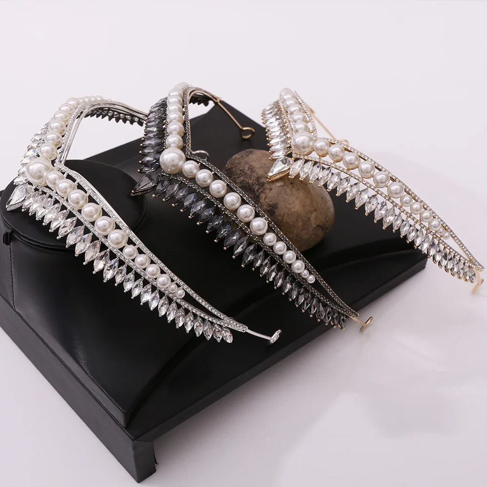 Wedding Pearl Crystal Head Crown Gold Earring Tiaras Rhinestone Headpiece Bridal Halloween Sparkly Party Hair Accessories