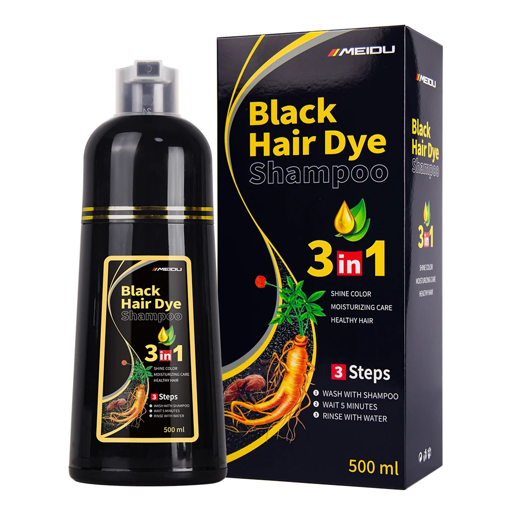 Meidu In stock private label Permanent dark brown cover gray hair  Ammonia Free 3 In 1 Herbal  Black Hair Dye Shampoo