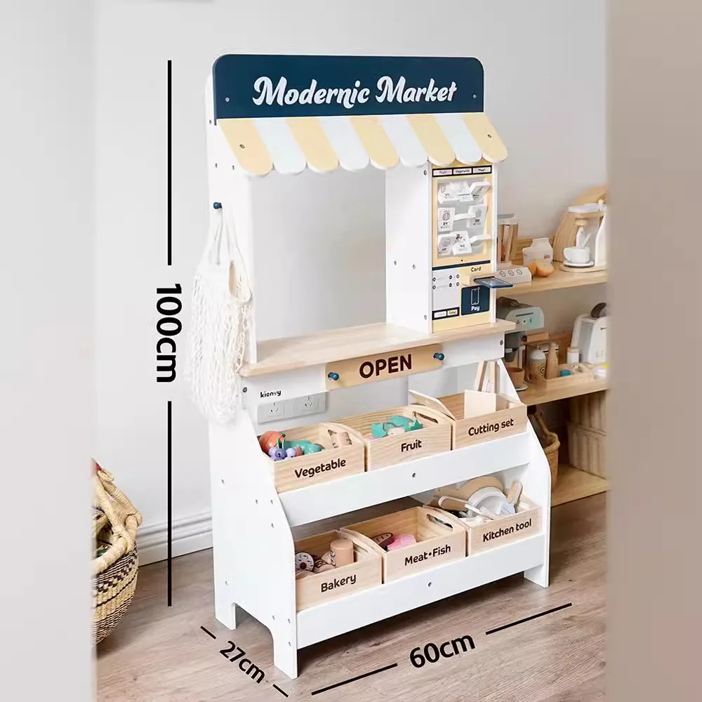 Children Wooden Role Play Toy Simulation Supermarket Fruit Stand Cash Register Play Game Kids Educational Wooden Kitchen Toy