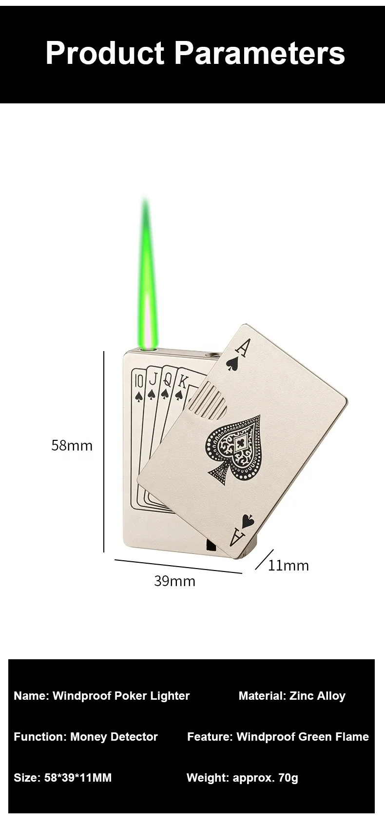Hot Sale Metal Jet Lighter With Playing Card Design Windproof Jet Green Flame Refillable Playing Cards Poker Lighter
