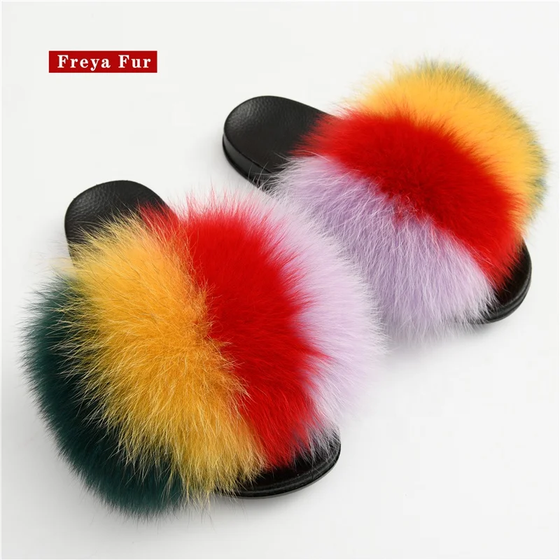 
Quick Shipping Wholesale Price lady many colors real fox fur slides luxury mixedcolor womens fur slides with purse 