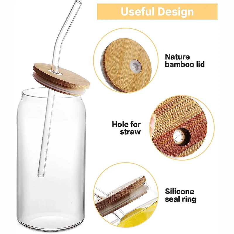 Free Sample 12oz 16oz 20oz frosted clear sublimation Glass Beer Can  glass cup jars with bamboo lid and straw