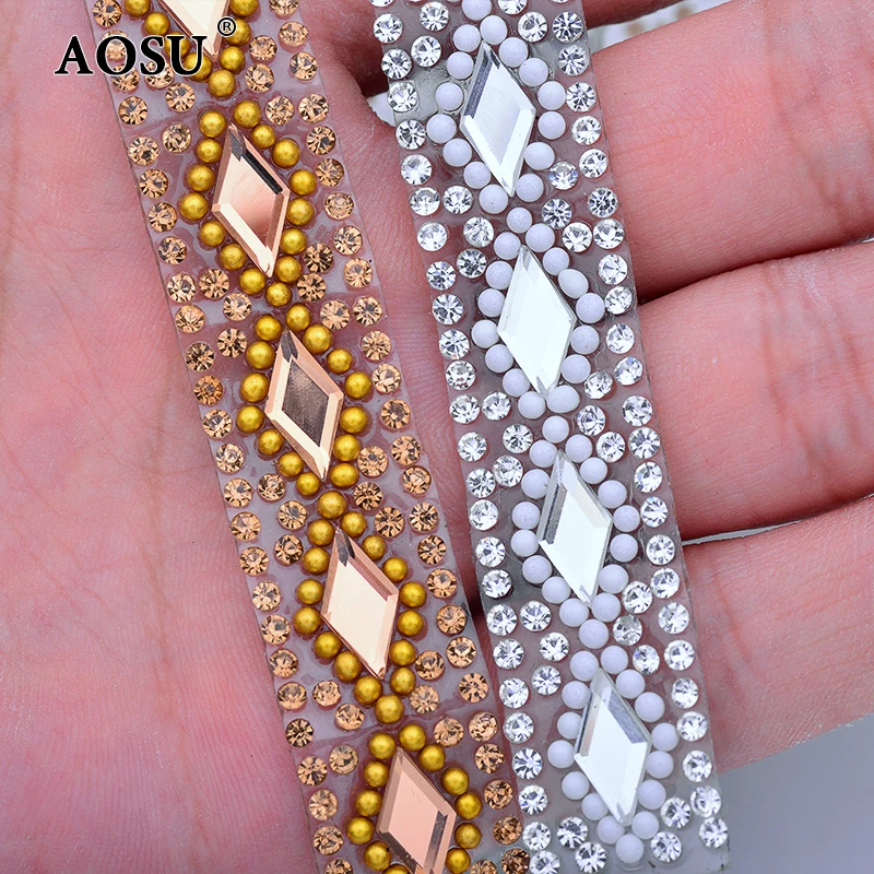 AOSU Wholesale 5 Yard*15mm Clear Color Hotfix Crystal Banding Glass Rhinestone Chain Rhinestone Trim For Dress