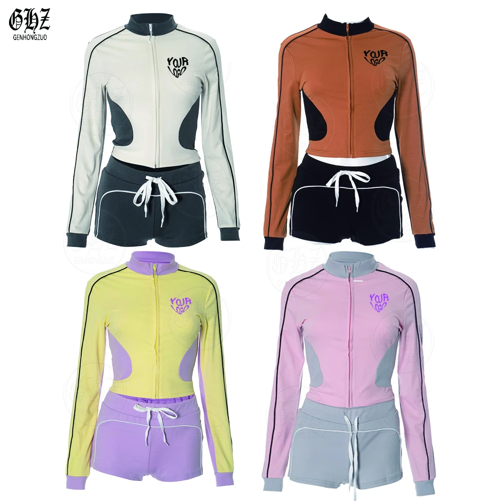 Custom Women Two Piece Sets 2025 Jersey Basic Loungewear Contrast  Shorts  Piping Details  Zip Jacket Track Shorts Set