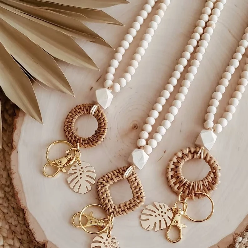 CUSTOM BOHO LANYARD Rattan Wooden Beaded Lanyard With Leaf for Teacher Necklace Handwoven